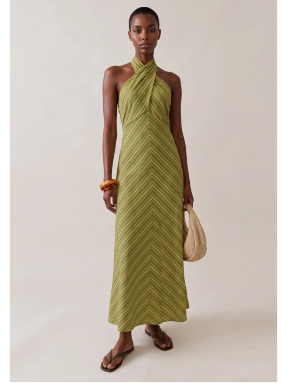 Women's o.p.t Noelle Cotton Dress Green Striped Halter Maxi Dress Size S - Picture 3 of 9